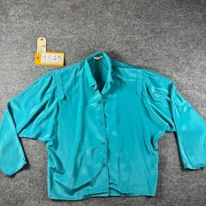 Vintage Metro Shirt Top Womens 12 Turquoise Blue Satin Puff Shoulder Button-Up
